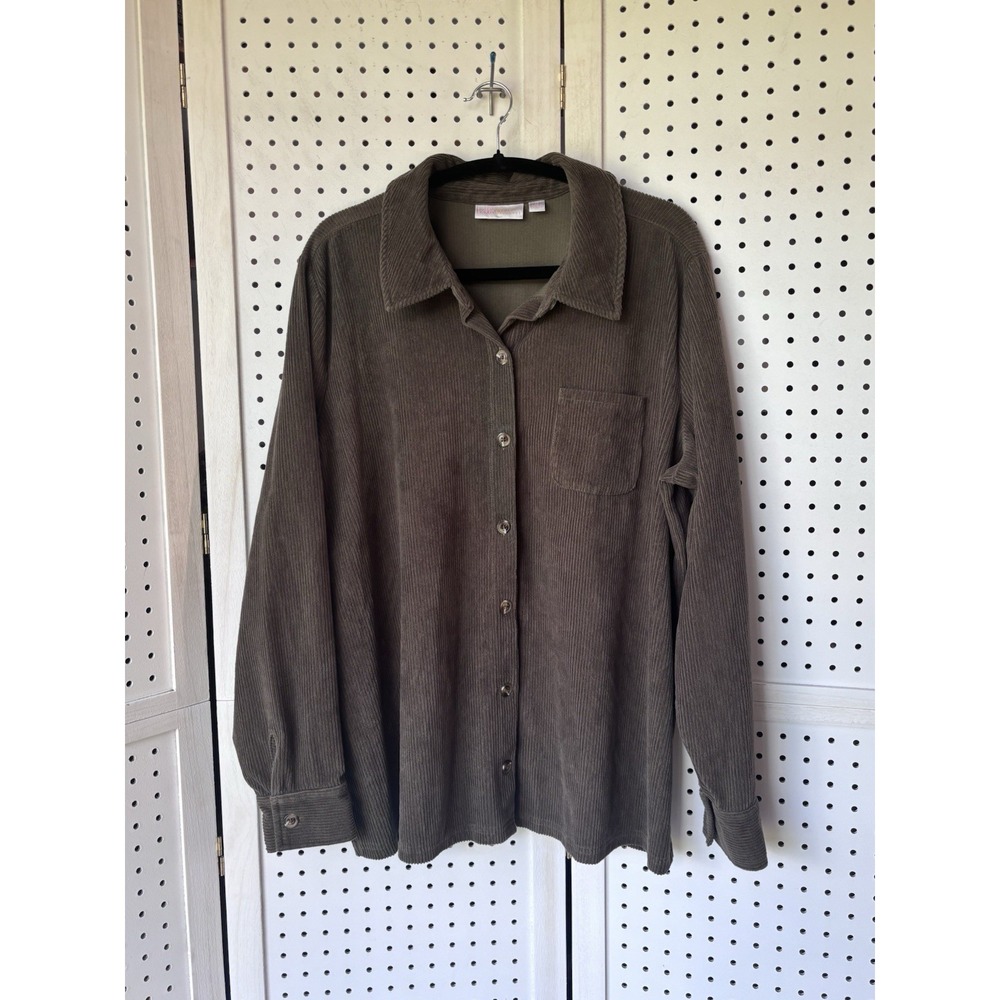 Belle Kim Gravel Women's 1X (XL) Green Button Down Soft Corduroy Shirt Long SLV